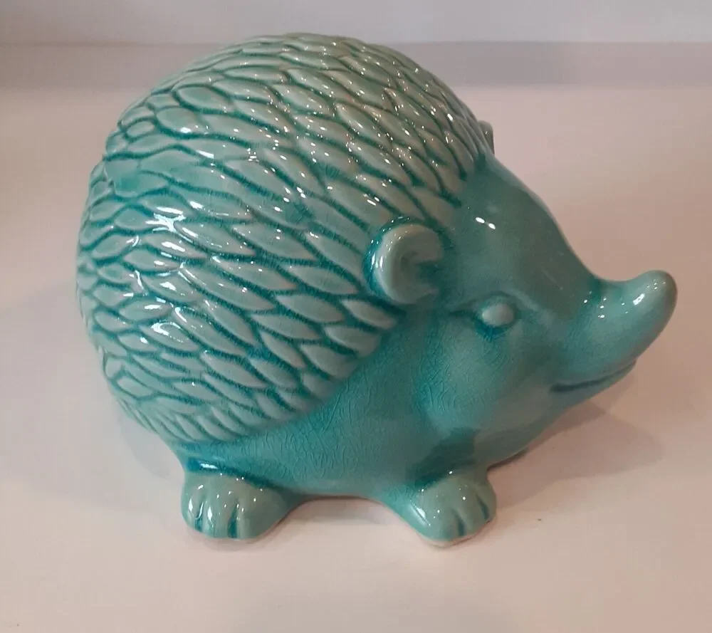 Adorable Aged Turquoise Hedgehog Garden Ornament